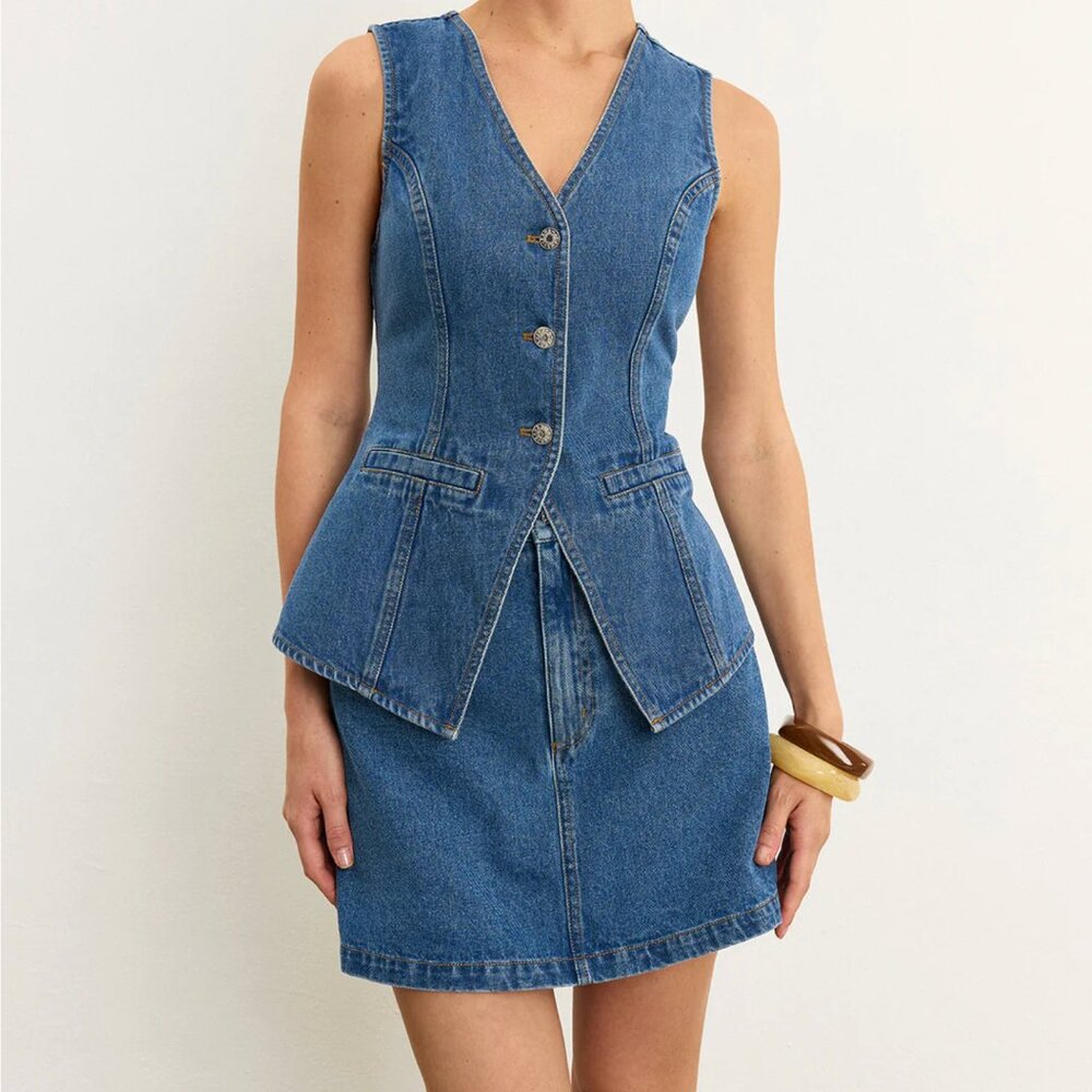 Commense Sleeveless Denim Skirt Vest Set